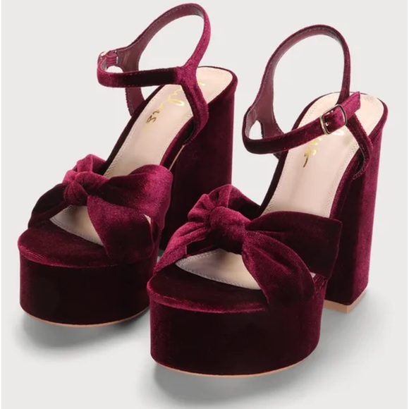 Lulu's Shoes - Lulus Falura Wine Red Velvet Knotted Platform High Heel Sandals,Size 7